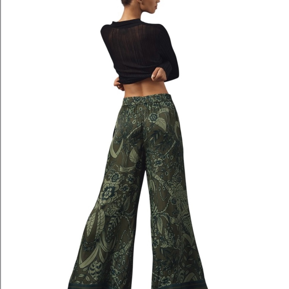 Farm Rio x Anthropologie Black and Green Print Wide-Leg Cut Pants Size Small - Picture 2 of 16